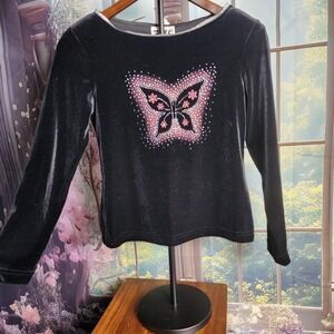 Velvet 90s butterfly top, scoop neck with silver hem accent, idyllic 90s fashion